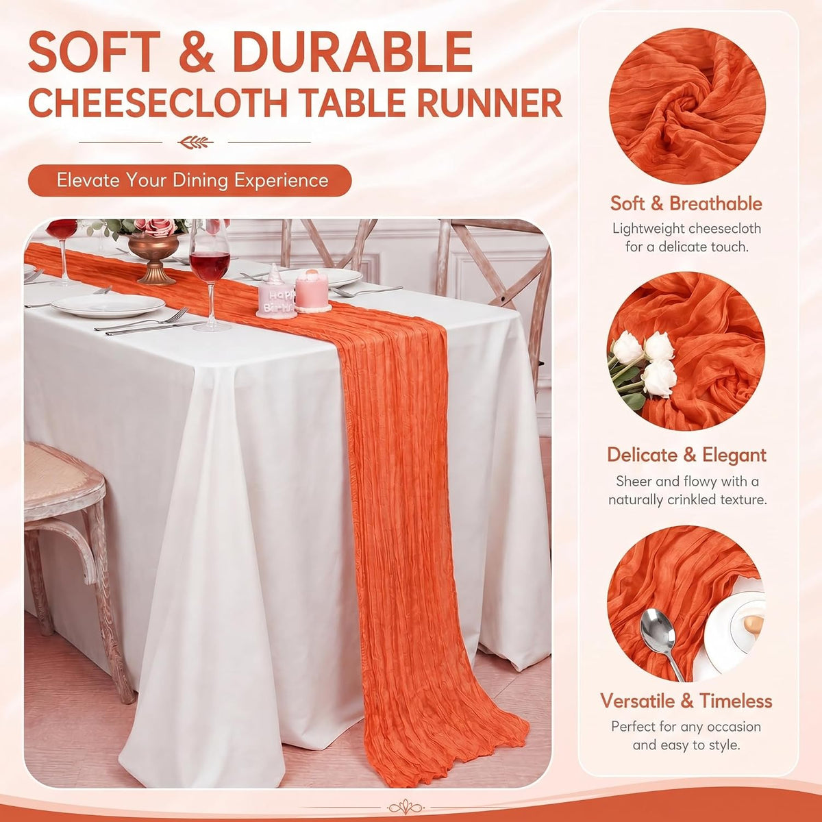 12 Pack Orange Cheesecloth Table Runner 17x108 Inch Boho Rustic Semi Sheer Gauze Cheese Cloth Table Runner for Wedding Bridal Shower Baby Shower Party Farmhouse Dining Table Decor