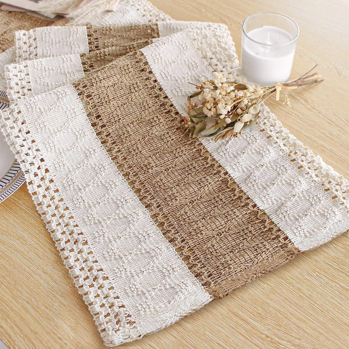 FEXIA Boho Table Runner for Fall Home Decor 12x72 Rustic with Tassels