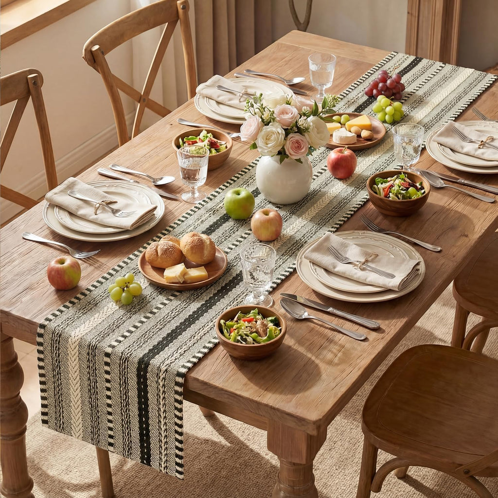 Artoid Mode Black Farmhouse Stripe Braided Table Runner 12x72 Inch