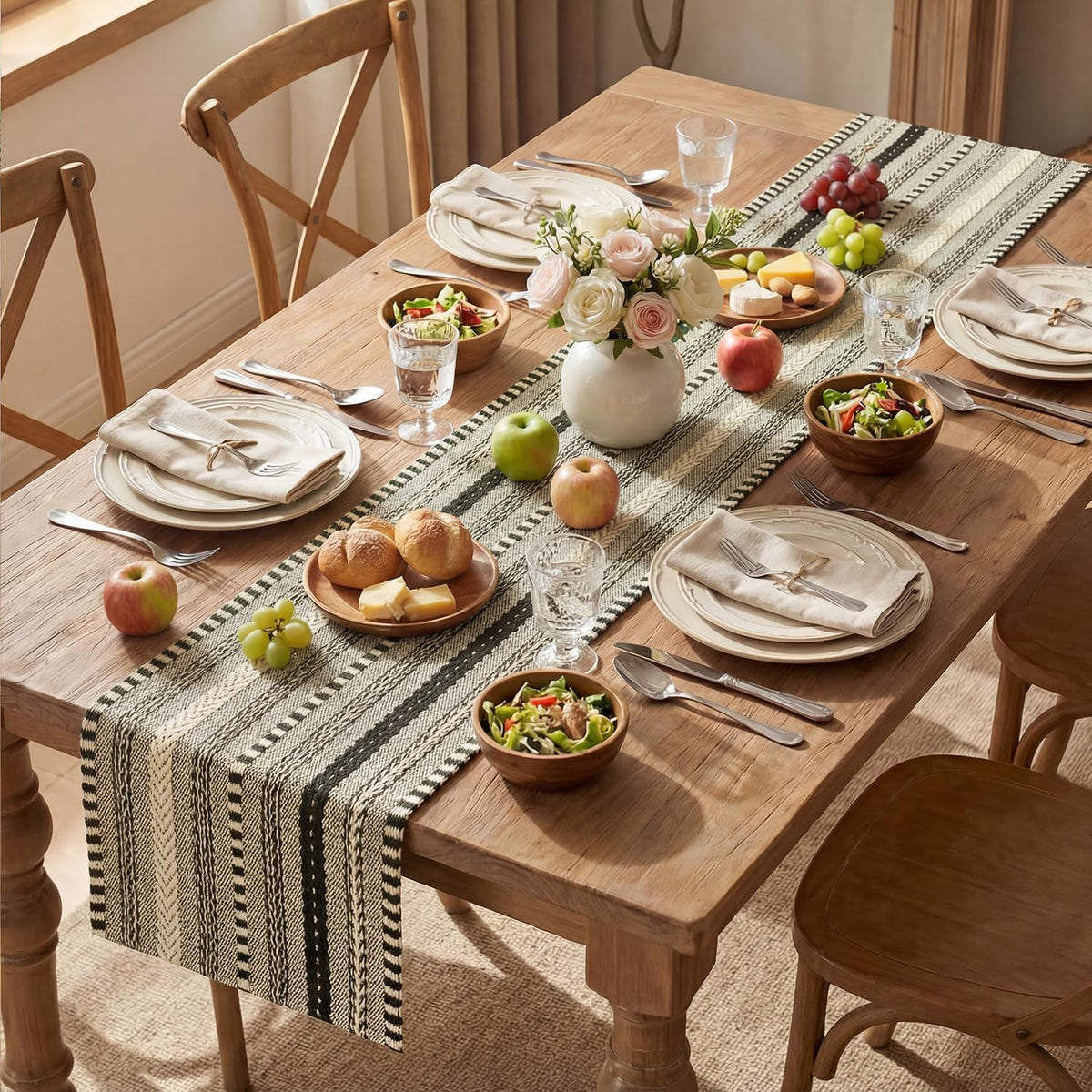 Artoid Mode Black Farmhouse Stripe Braided Table Runner 12x72 Inch