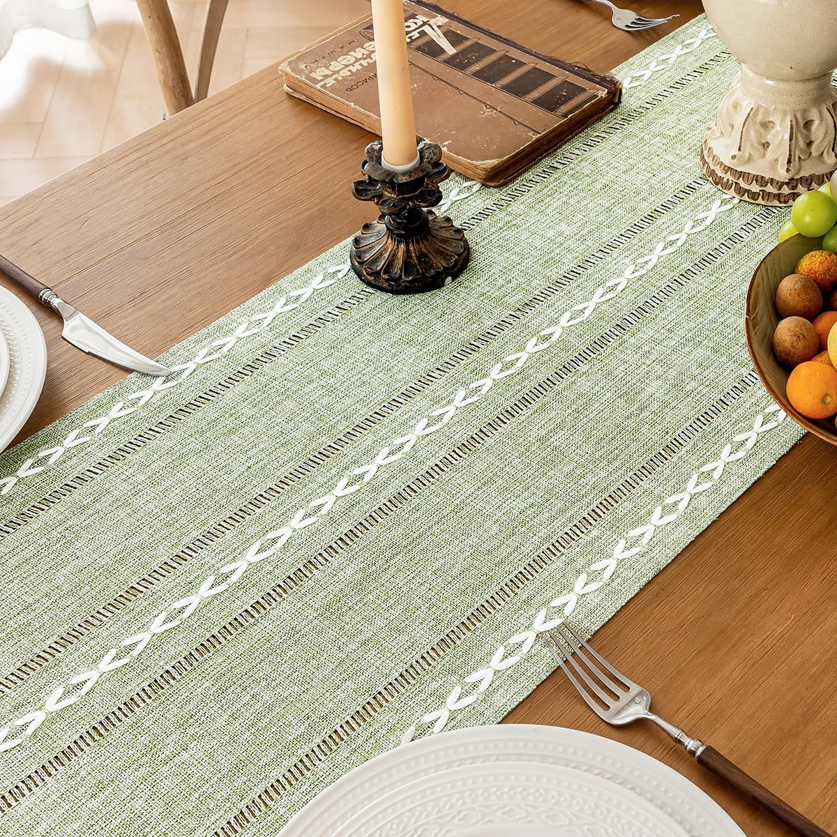 Rustic Linen Table Runner, Sage Green Table Runners 72 inches Long