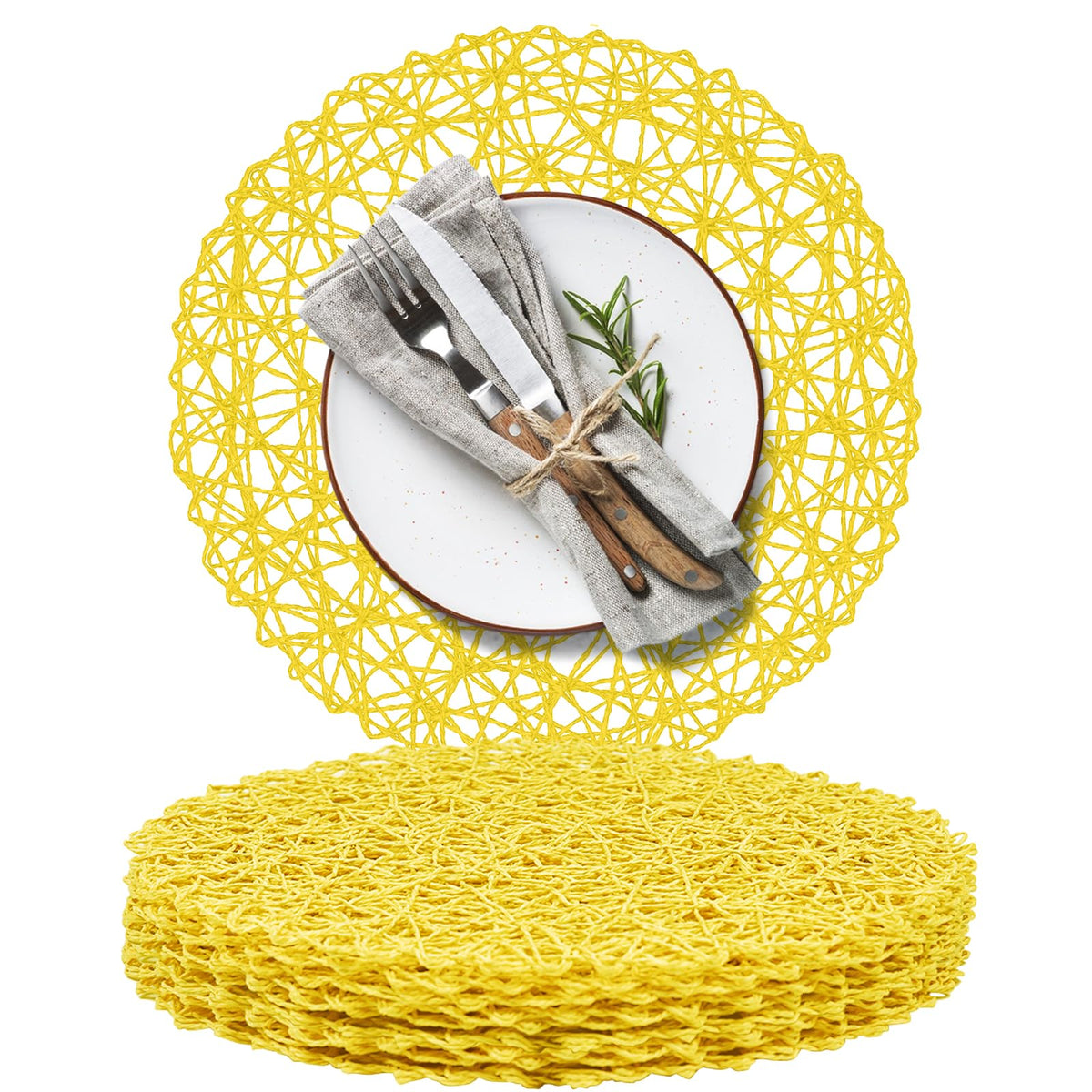 AHHFSMEI Paper Braided Round Placemats Set of 12 Natural Non-Slip Heat Resistant Table Mats for Dining Tables Woven Indoor & Outdoor Place mats(Brown,12)