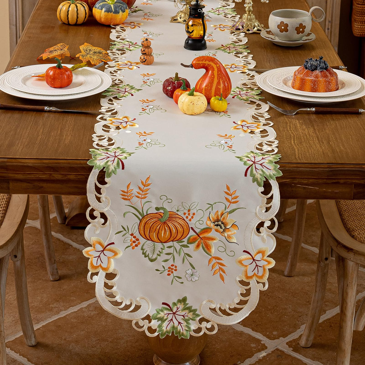 Joyfol Day Fall Thanksgiving Table Runner 14 x 33 Inches, Cutwork Embroidered Brown Maple Leaves Table Runners, Autumn Rust Dresser Scarf for Harvest Party Dinner Seasonal Decoration