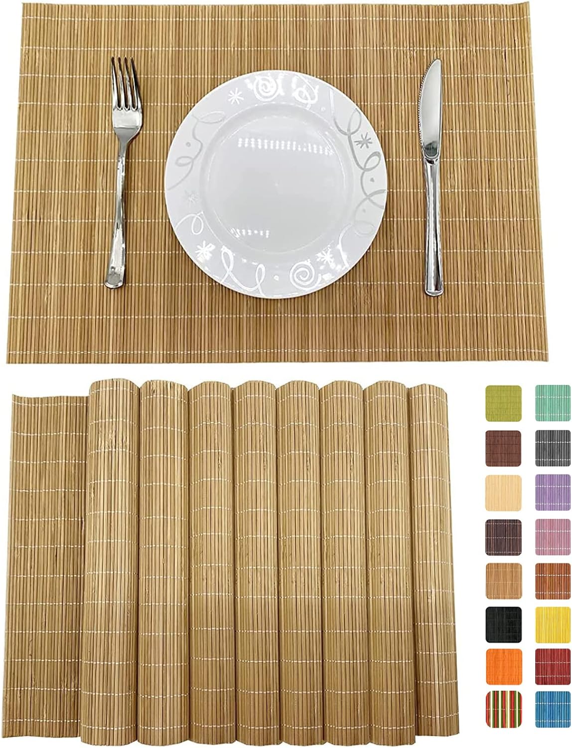 Set of 8 Pcs Bamboo Placemats Sushi Rolling Mat Japanese Style Natural Anti-Slip, Washable Heat-Resistant Table Mats for Dining Room and Kitchen（Brown）