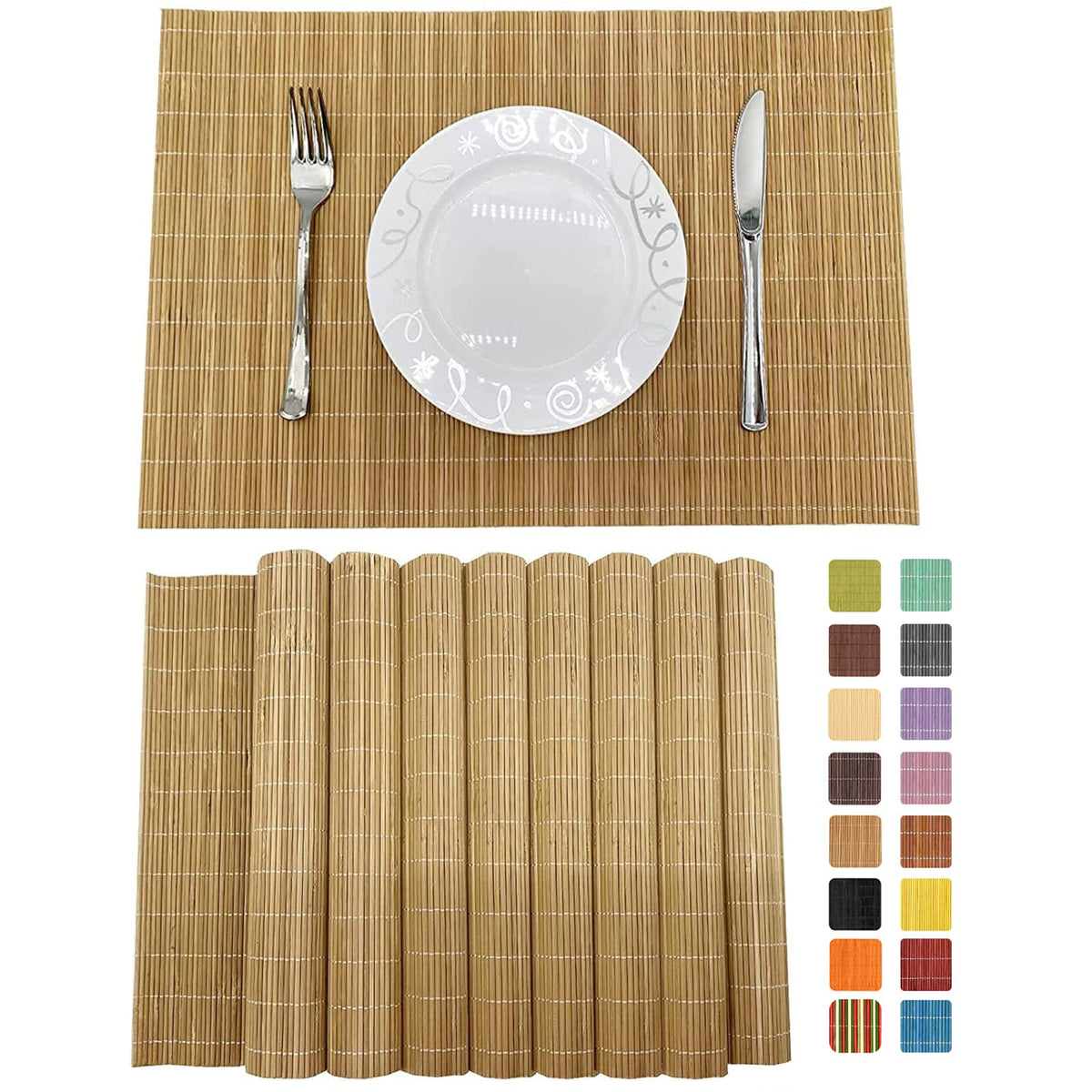 Set of 8 Pcs Bamboo Placemats Sushi Rolling Mat Japanese Style Natural Anti-Slip, Washable Heat-Resistant Table Mats for Dining Room and Kitchen（Brown）