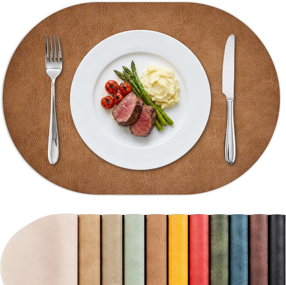 MOSAYT Vinyl Faux Leather Oval Placemats, Set of 6, Reddish Brown