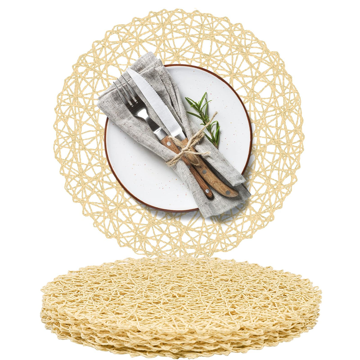 AHHFSMEI Paper Braided Round Placemats Set of 12 Natural Non-Slip Heat Resistant Table Mats for Dining Tables Woven Indoor & Outdoor Place mats(Brown,12)