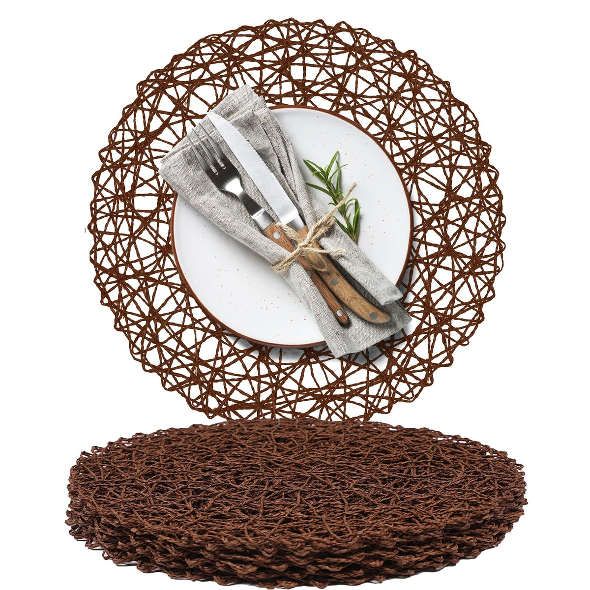 AHHFSMEI Paper Braided Round Placemats Set of 12 Natural Non-Slip Heat Resistant Table Mats for Dining Tables Woven Indoor & Outdoor Place mats(Brown,12)