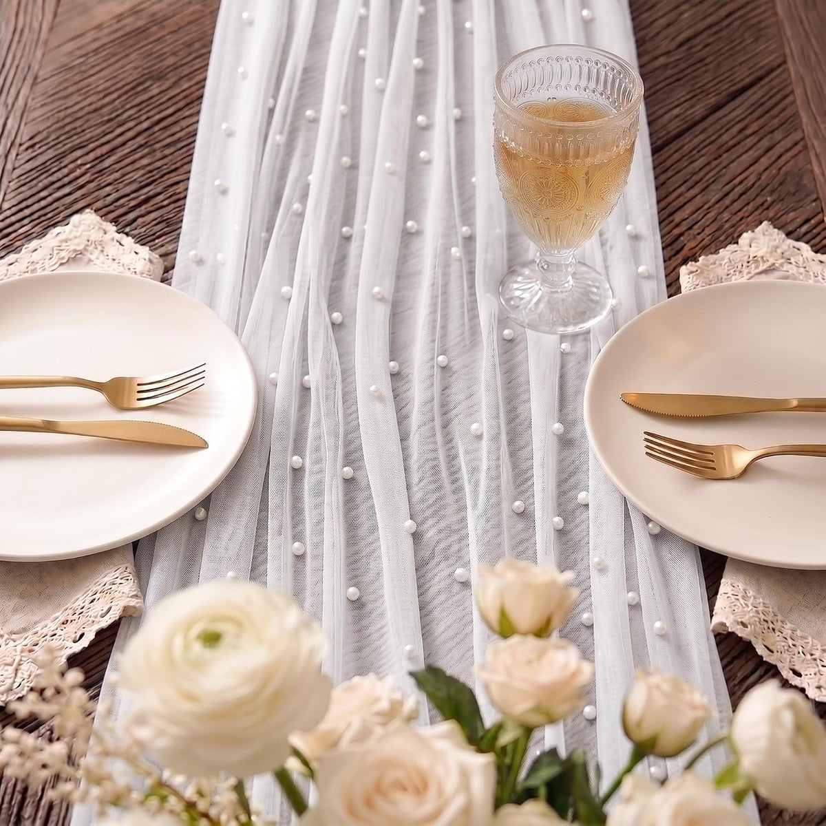 WELTRXE Pearl Table Runner 120 Inch 10FT, White Gauze Table Runners, Rustic Boho for Holiday Wedding Decor, Home Party ,Baby Shower, Birthday Party