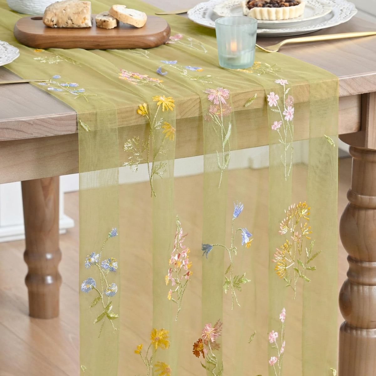 Artoid Mode Floral Apricot Gauze Embroidery Table Runner 120 Inch 10FT