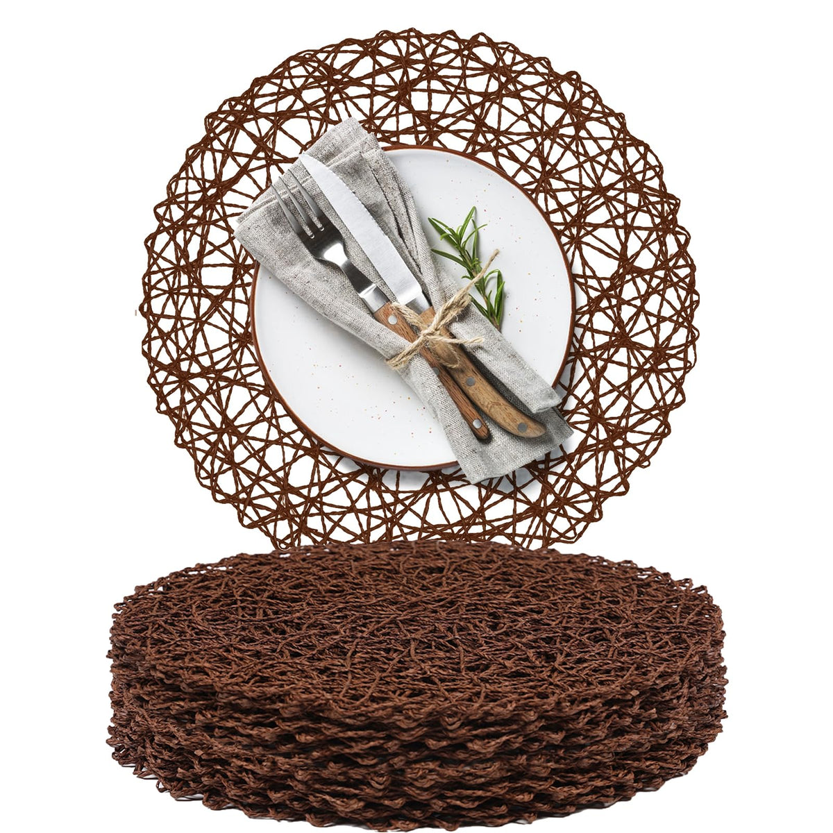 AHHFSMEI Paper Braided Round Placemats Set of 12 Natural Non-Slip Heat Resistant Table Mats for Dining Tables Woven Indoor & Outdoor Place mats(Brown,12)