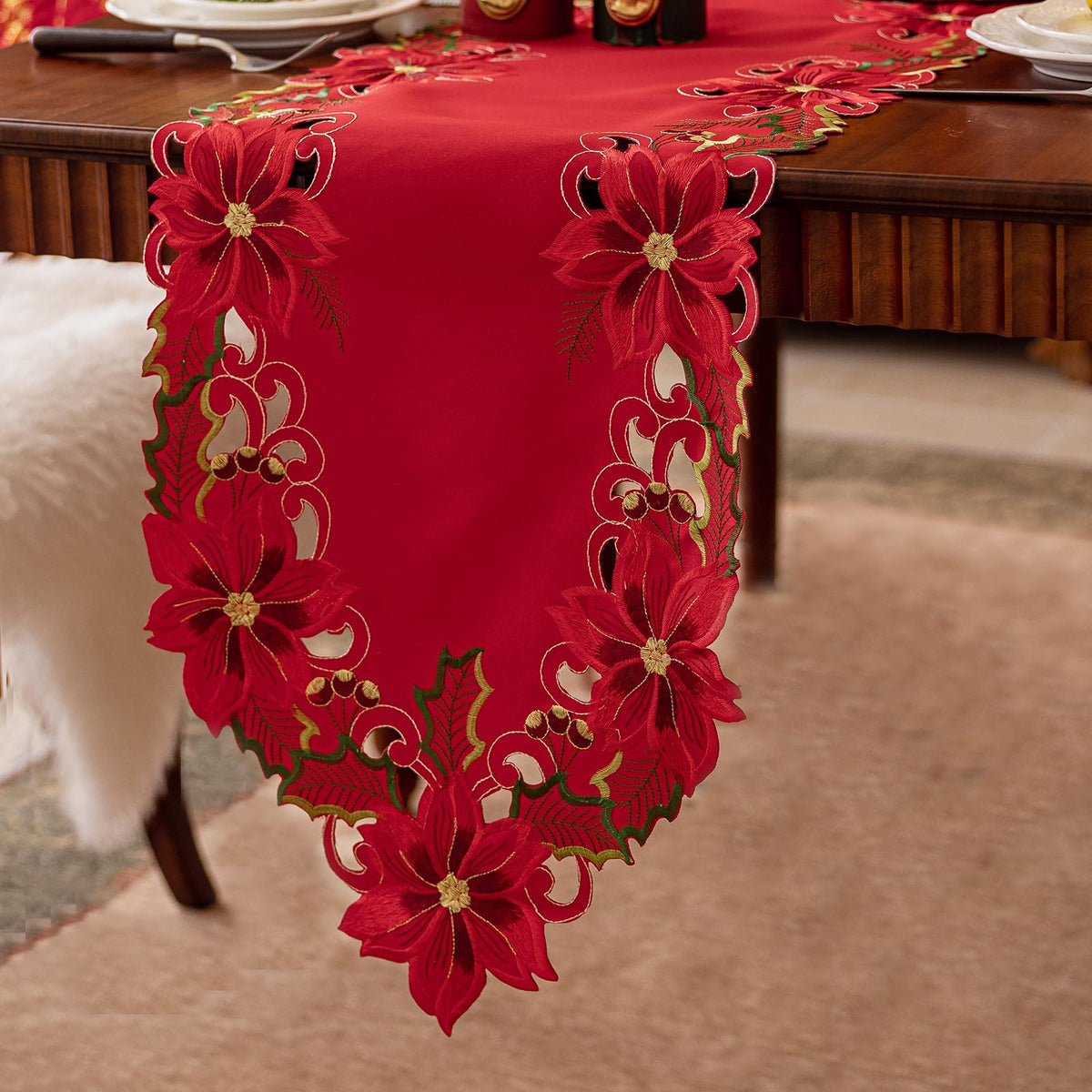 Joyfol Day Fall Thanksgiving Table Runner 14 x 33 Inches, Cutwork Embroidered Brown Maple Leaves Table Runners, Autumn Rust Dresser Scarf for Harvest Party Dinner Seasonal Decoration