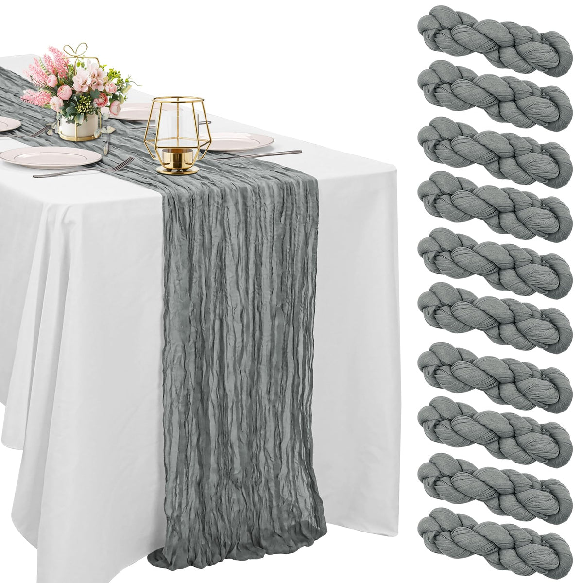 10 Pack Dusty Pink Cheesecloth Table Runner 10FT Boho Gauze Fabric Table Runner Vintage Rustic Sheer Runners for Wedding Party Bridal Baby Shower Long Table Decorations