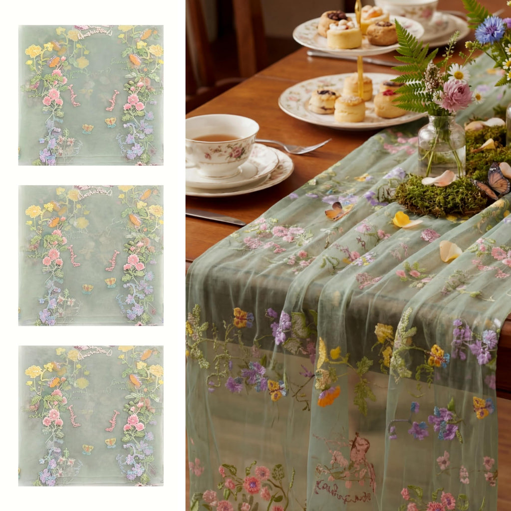 Ivory White Floral Table Runner 10ft Embroidery Tulle Wildflower