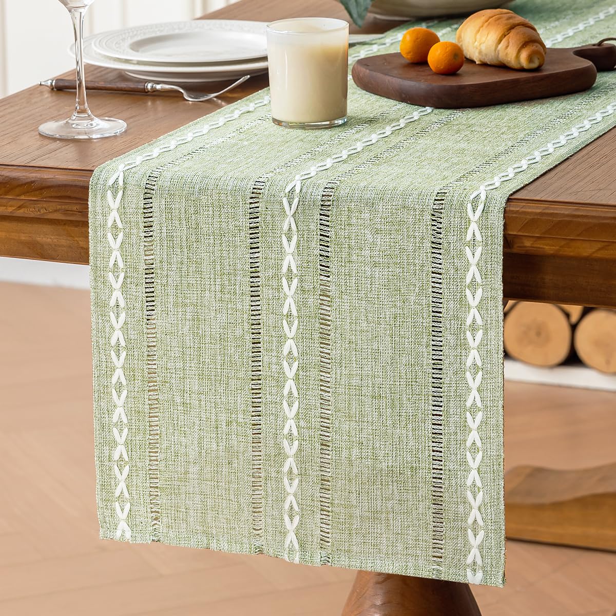 Rustic Linen Table Runner, Sage Green Table Runners 72 inches Long