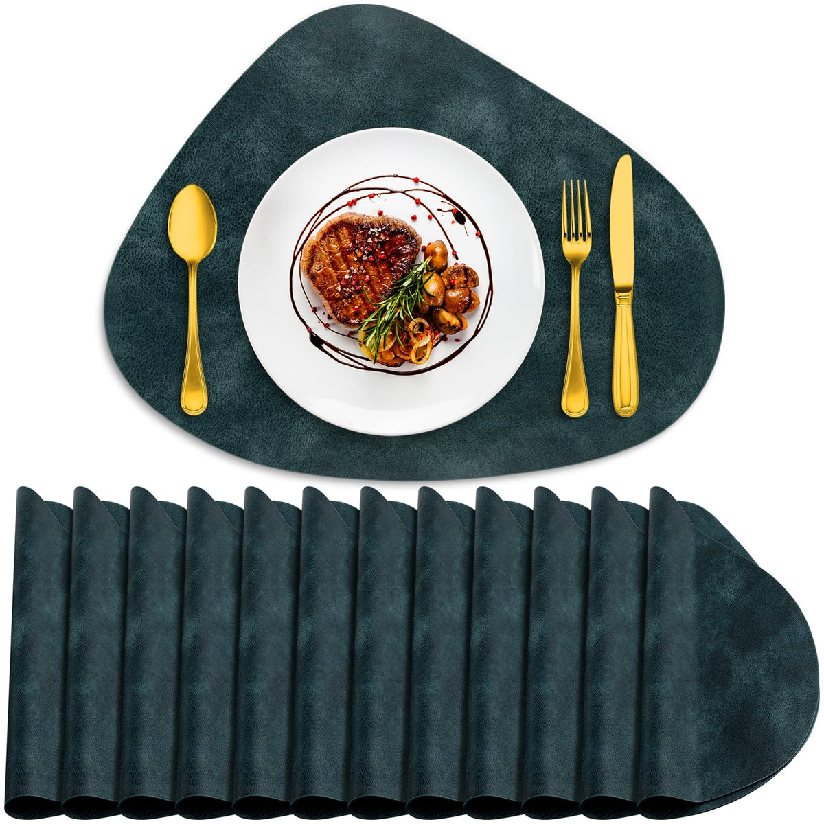 ADRIMER Placemats, Heat Resistant Round Placemats Set of 4 Washable 13 x 17 Inch, Waterproof Table Mats for Kitchen, Dining Room Table Christmas Decor, Turmeric Brown+Camel+Green+Blue