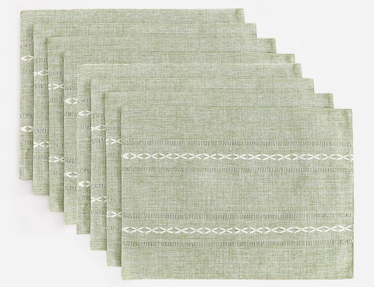 Wracra Cotton Linen Place Mats, Sage Green Embroidered Placemats Set of 4