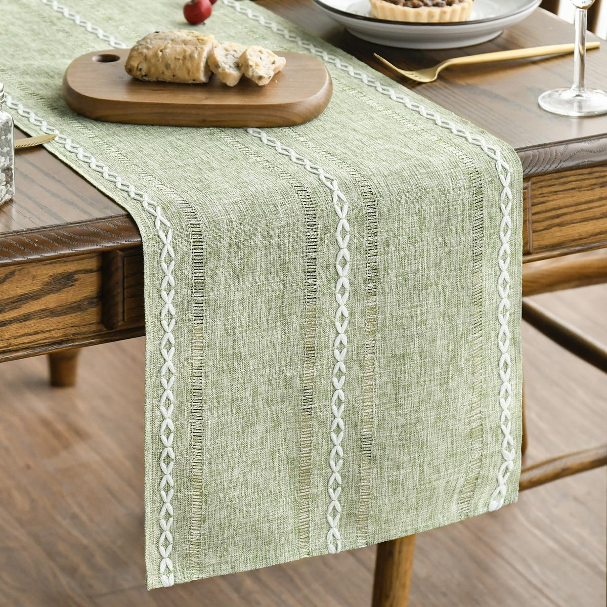 Artoid Mode Brown Rustic Cotton Linen Table Runner, Seasonal Embroidered Hollow Kitchen Dining Table Decoration for Home Party Decor 13x90 Inch