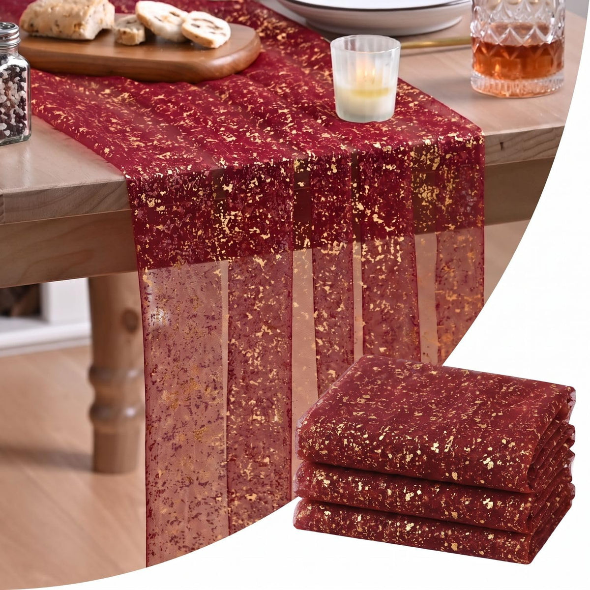 Artoid Mode 6Pcs Beige Gold Gauze Table Runner 120 Inch 10FT, Glitter Metallic Foil Sheer Dining Wedding Anniversary Holiday Birthday Table Decor for Home Party