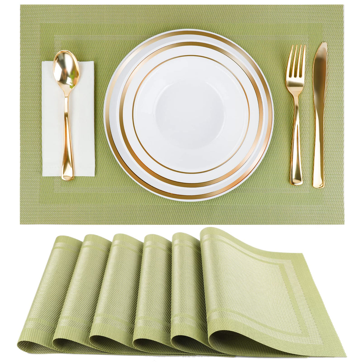 Placemats, Placemats Set of 6, Table Place Mats for Kitchen Dining, Heat-Resistant Anti-Skid Stain Washable PVC Table Mats, Easy to Cleaning Woven Vinyl Dinner Mats (Gold)