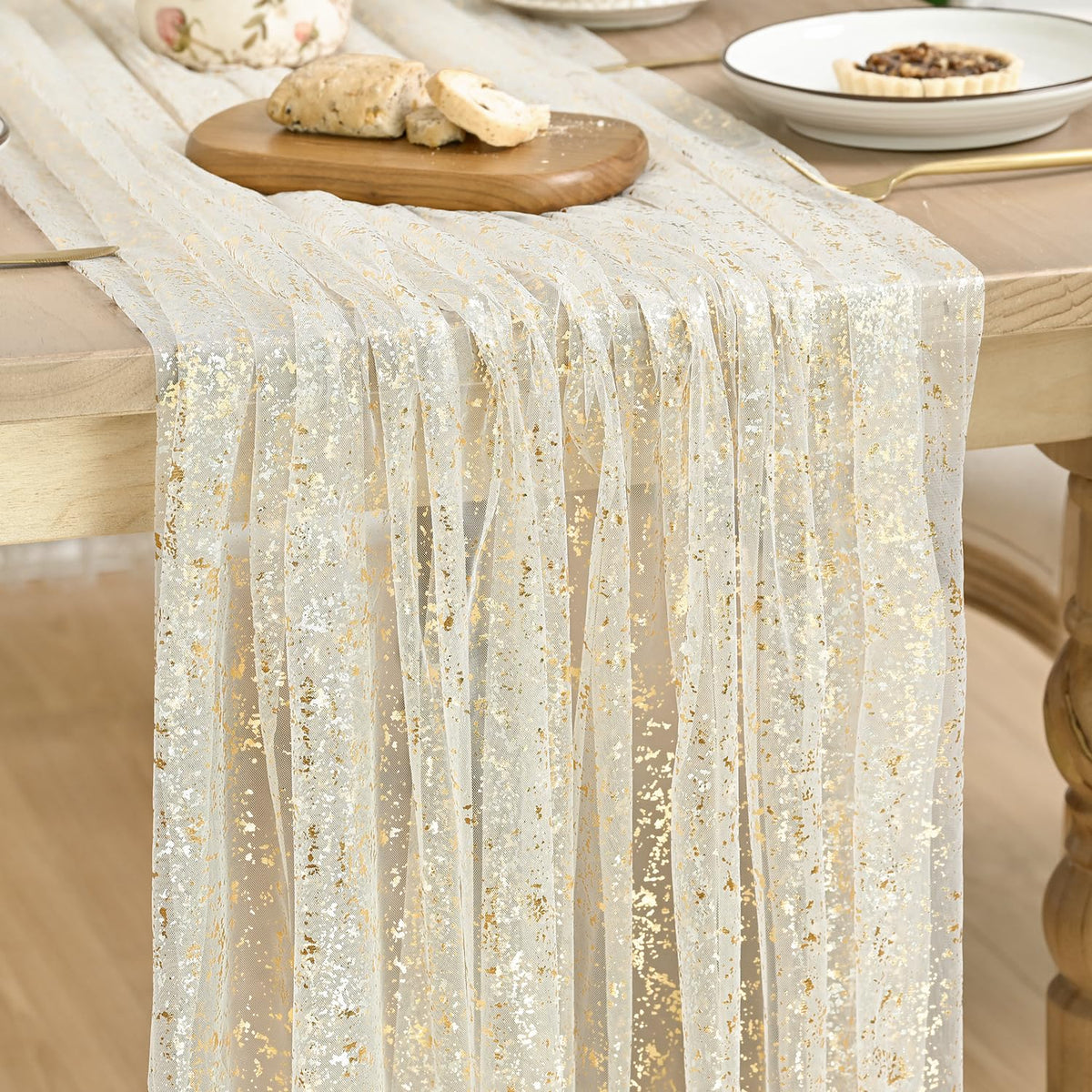 Artoid Mode 6Pcs Beige Gold Gauze Table Runner 120 Inch 10FT, Glitter Metallic Foil Sheer Dining Wedding Anniversary Holiday Birthday Table Decor for Home Party