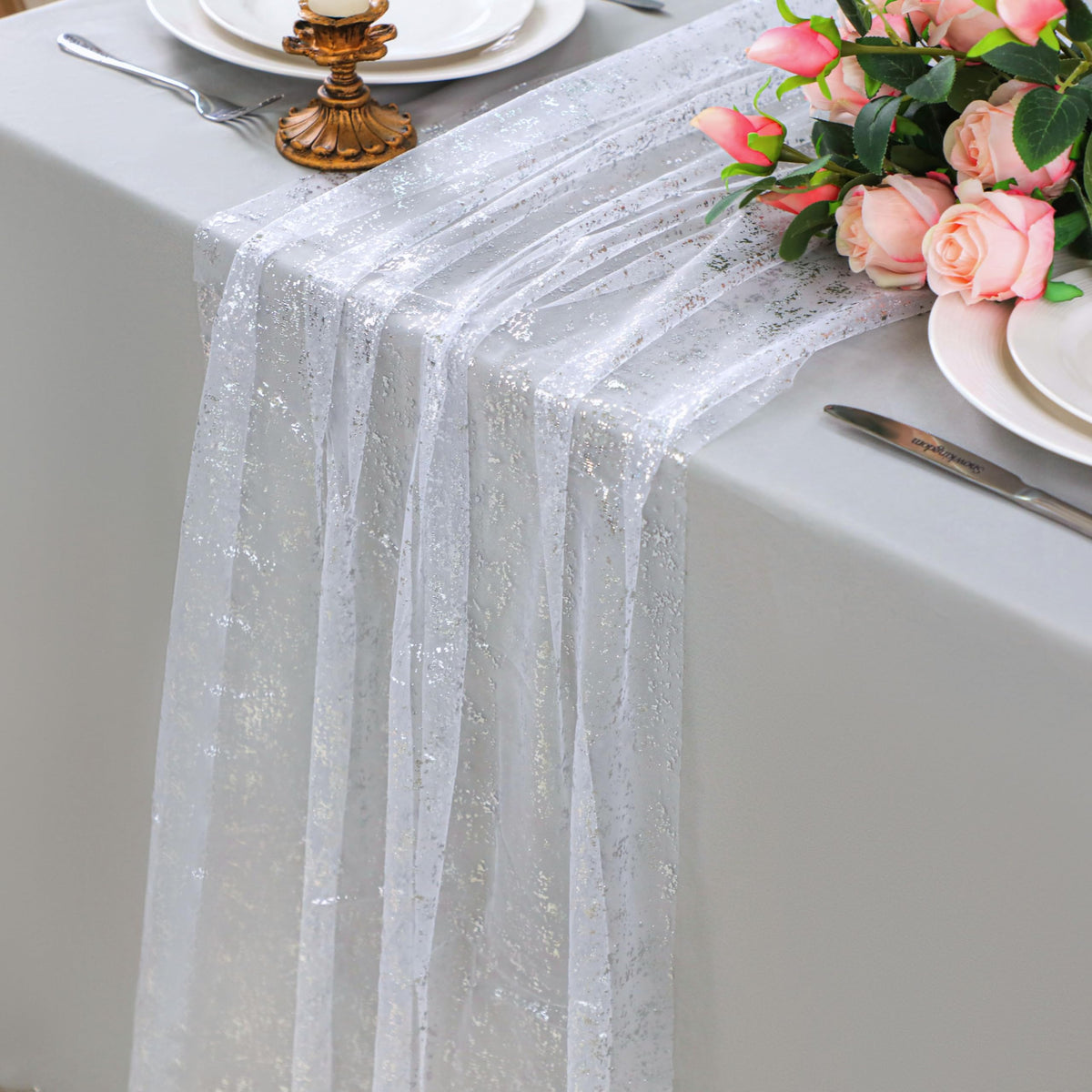Snowkingdom 6Pcs 10 Ft Gold Table Runners, Sheer Chiffon Tulle Cheesecloth Golden Sequin Glitter Metallic Foil, Gold Party Table Decoration Centerpiece for Wedding Birthday Anniversary Christmas