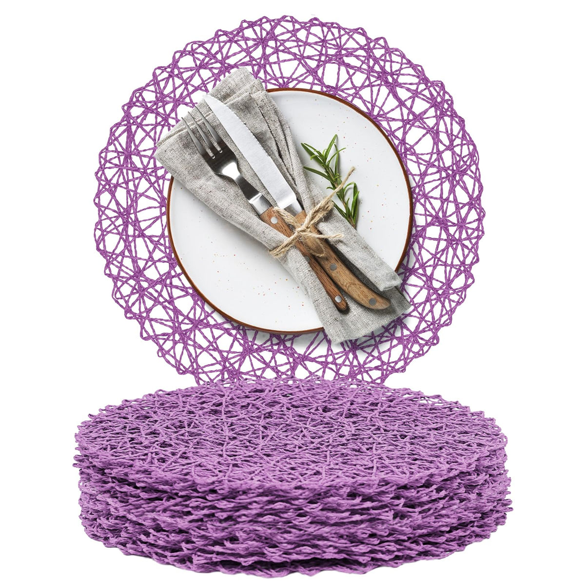 AHHFSMEI Paper Braided Round Placemats Set of 12 Natural Non-Slip Heat Resistant Table Mats for Dining Tables Woven Indoor & Outdoor Place mats(Brown,12)
