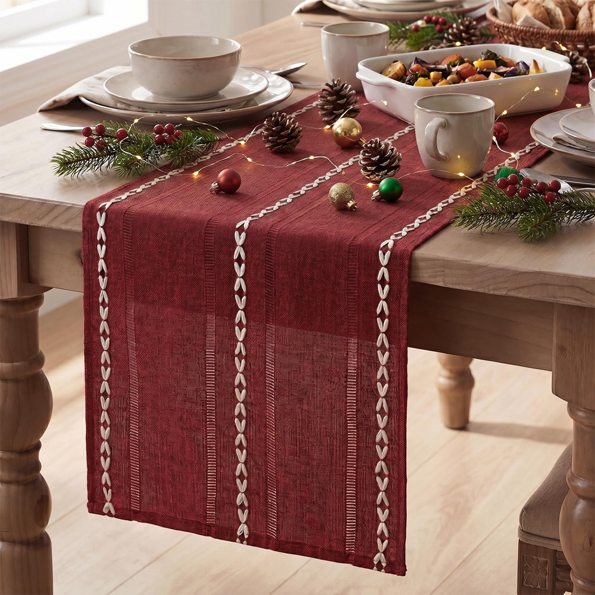 Artoid Mode Brown Rustic Cotton Linen Table Runner, Seasonal Embroidered Hollow Kitchen Dining Table Decoration for Home Party Decor 13x72 Inch