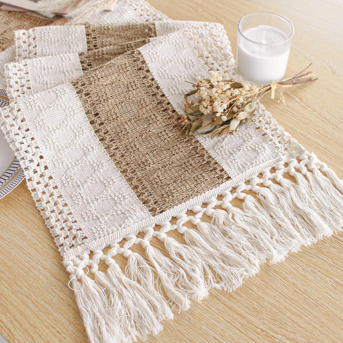 FEXIA Boho Table Runner for Fall Home Decor 12x108 Rustic with Tassels