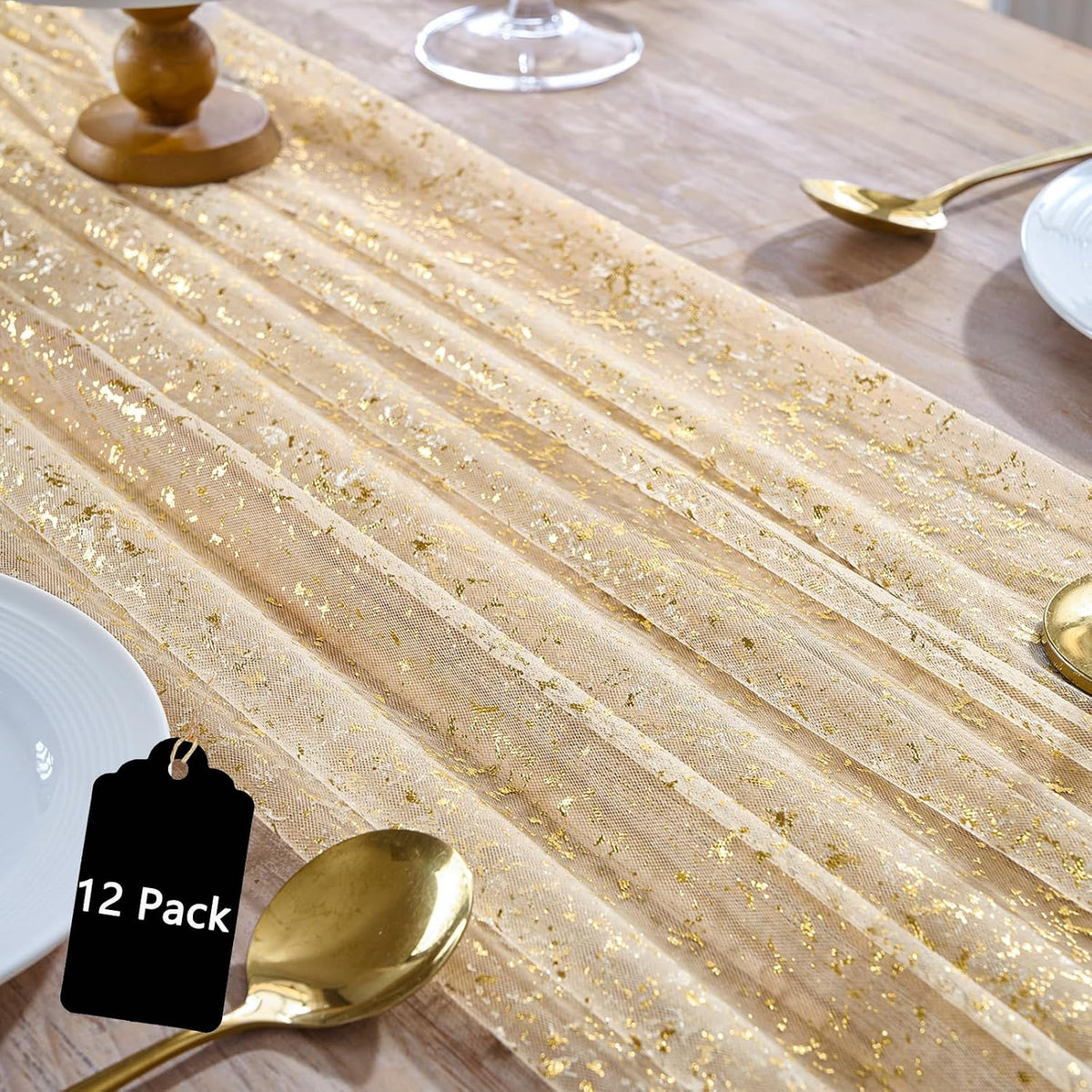 12PC Gold Gauze Table Runner 120 Inch 10FT Dining Wedding Baby Shower Holiday Birthday Sparkly Sheer Tulle Table Décor