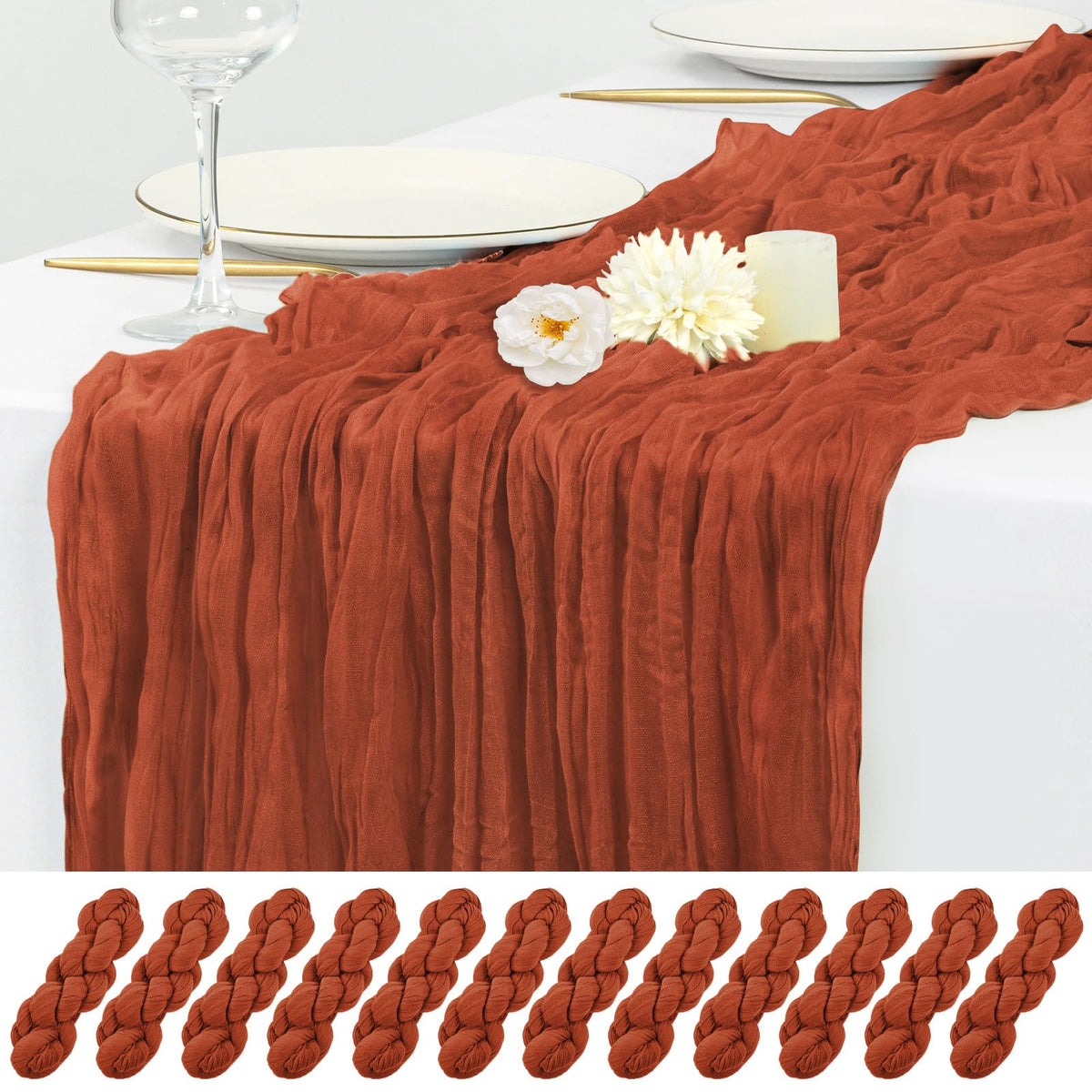 12 Pack Beige Cheesecloth Table Runner 17x108 Inch Boho Gauze Cheese Cloth Table Runners Rustic Sheer Runner for Wedding Party Baby Shower Birthday Home Decor