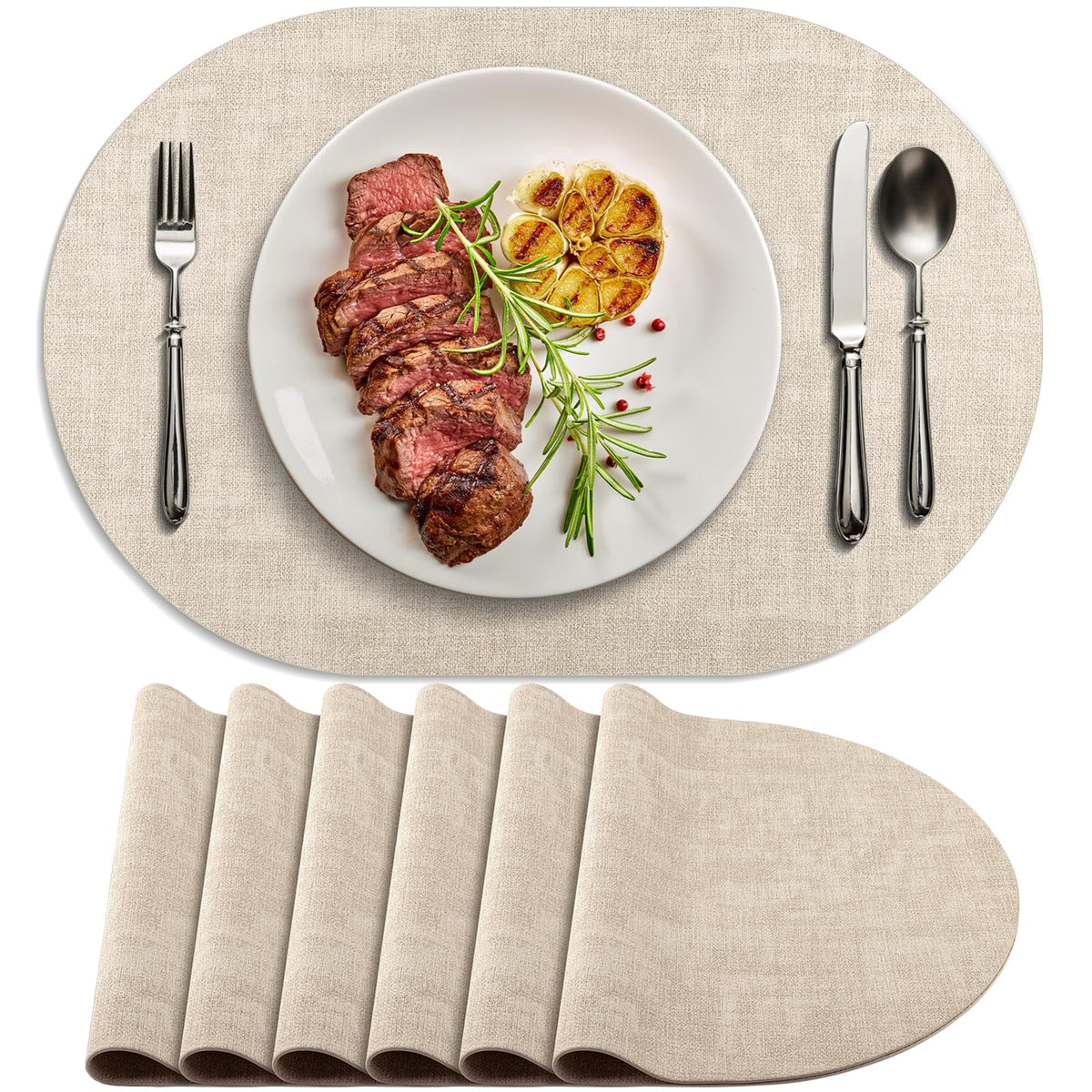 Placemats for Dining Table Set of 8 Non-Slip, Heat Resistant Oval Leather Placemat Double Layer, Waterproof Table Mats Easy to Clean for Kitchen Dining Room Coffee Office Table, Beige
