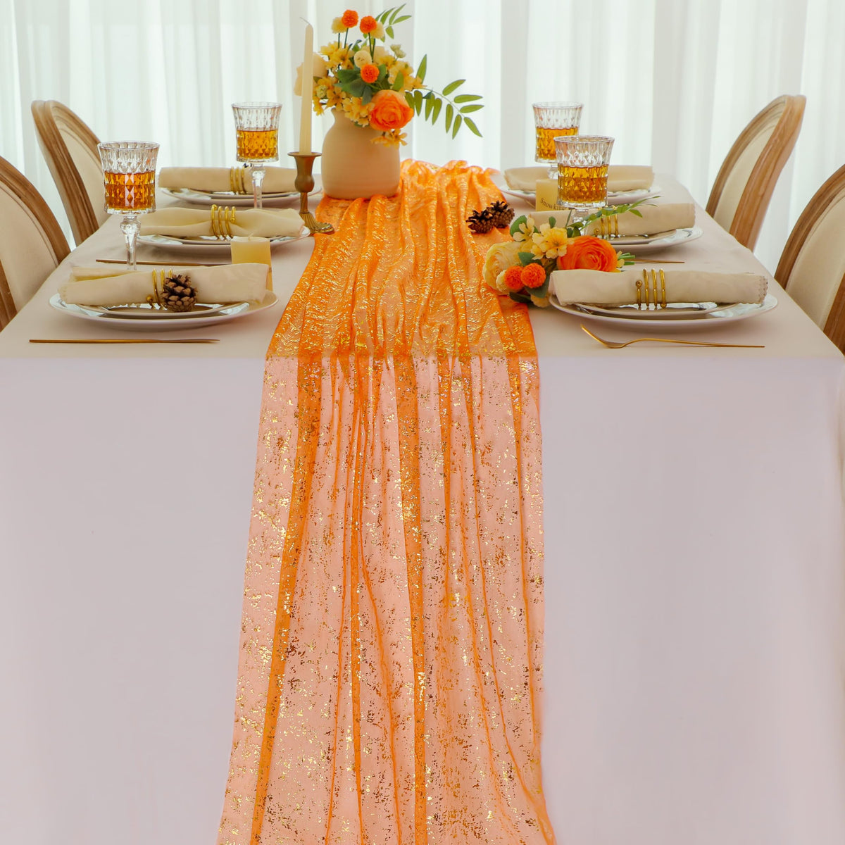 Snowkingdom 6Pcs 10 Ft Gold Table Runners, Sheer Chiffon Tulle Cheesecloth Golden Sequin Glitter Metallic Foil, Gold Party Table Decoration Centerpiece for Wedding Birthday Anniversary Christmas