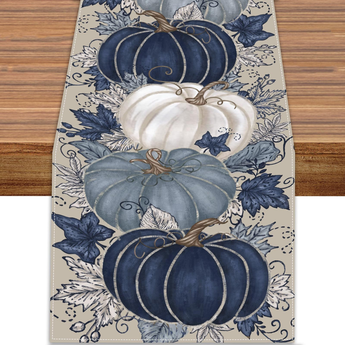 Fall Thanksgiving Table Runner Blue Vintage Pumpkin Maple Leaf Decorative