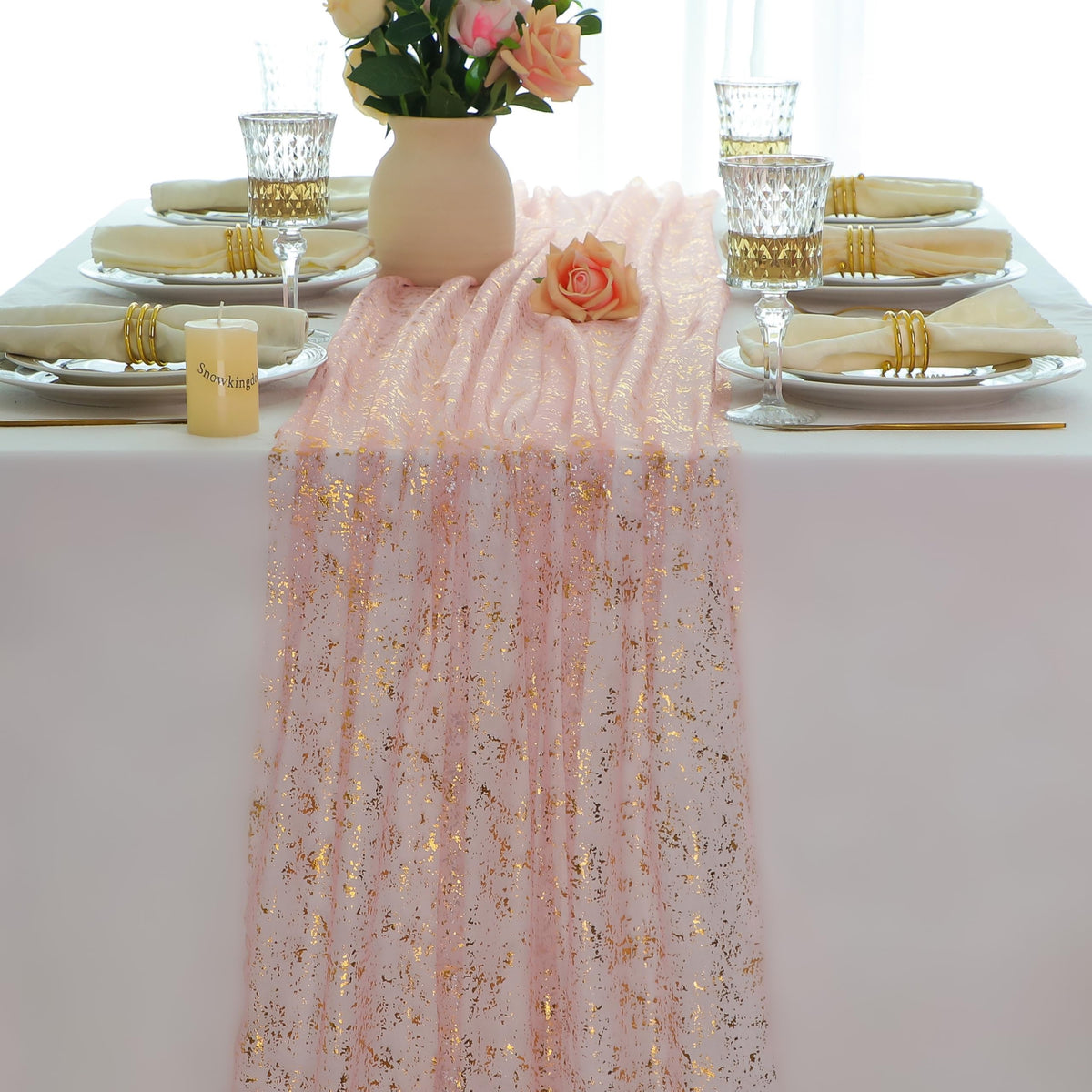 Snowkingdom 6Pcs 10 Ft Gold Table Runners, Sheer Chiffon Tulle Cheesecloth Golden Sequin Glitter Metallic Foil, Gold Party Table Decoration Centerpiece for Wedding Birthday Anniversary Christmas
