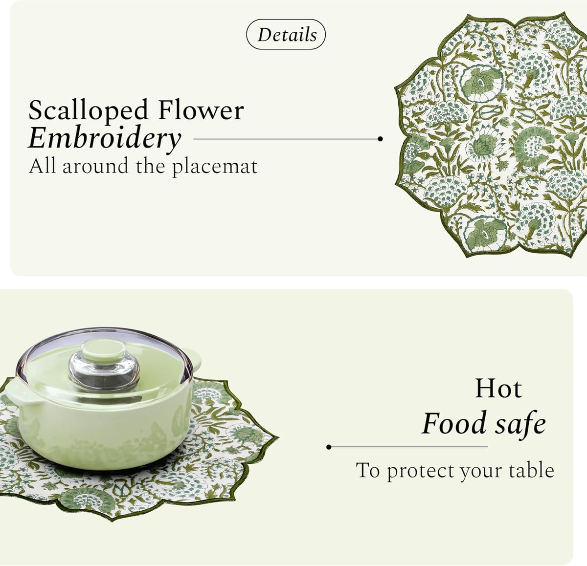 CPC Agate Green Block Print Cotton Floral Placemat 15x15 Inch, Set of 4