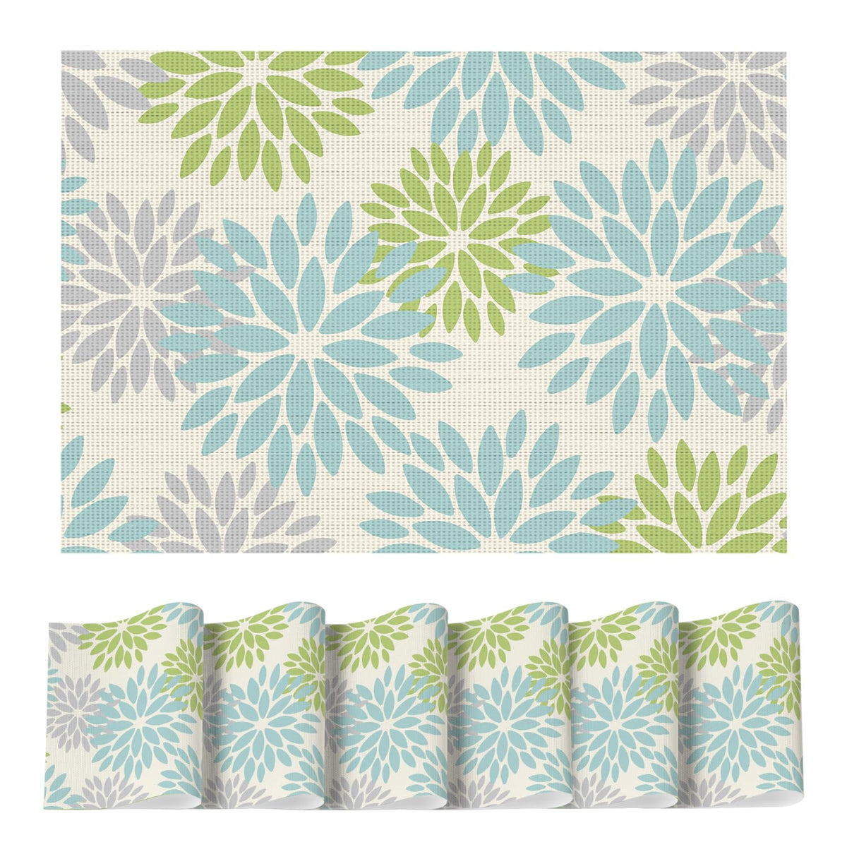 Artoid Mode Floral Vinyl Plistic Placemats Set of 6, Heat Resistant Washable Non-Slip PVC Place Mats for Party Kitchen Dining Decor, Blue Grey