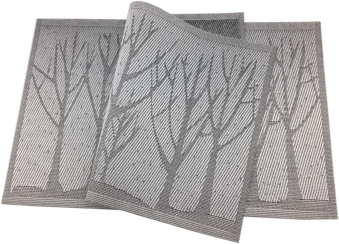 Place Mats PVC Set of 6, Table Placemats Set of 6 PVC Woven Vinyl Place Mats Table Mats Natural Color (6 pcs, Silver Tree)