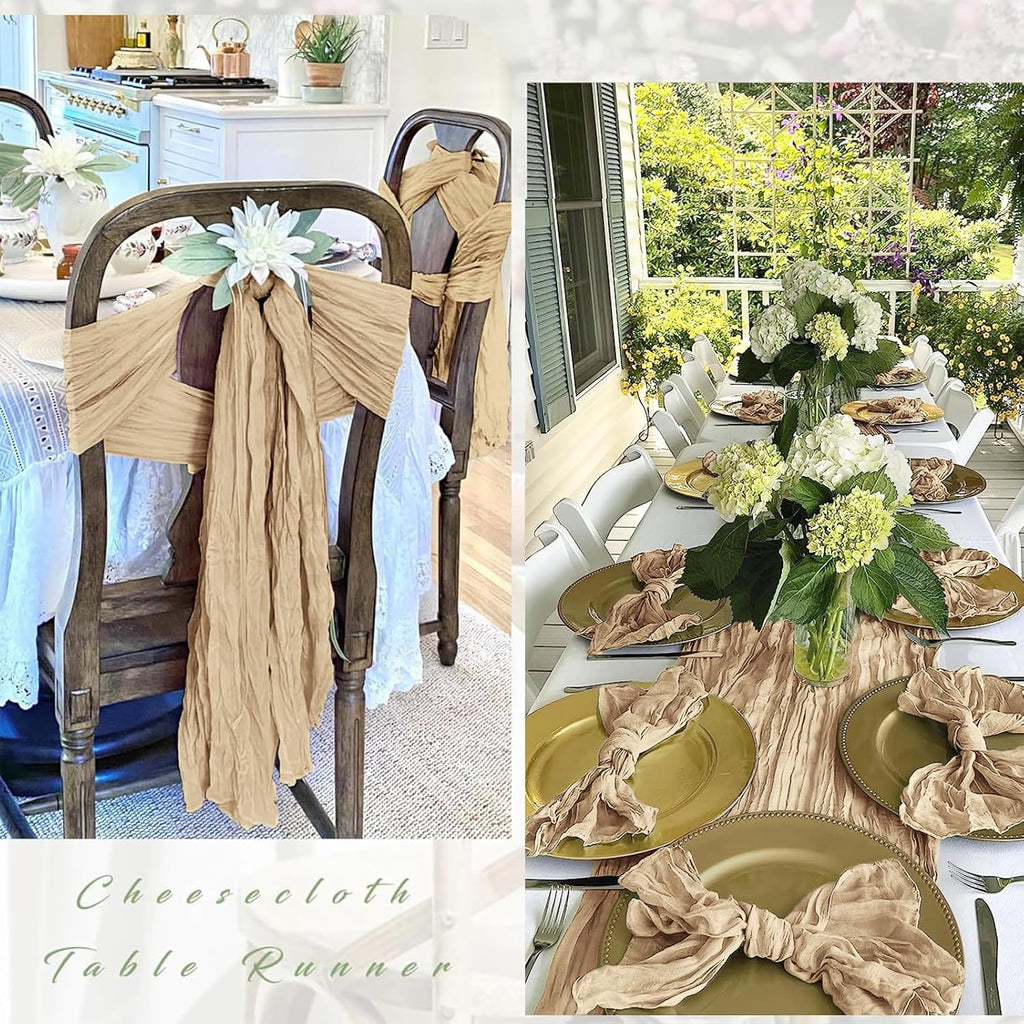 12 Pack Beige Cheesecloth Table Runner 17 x 108 Inch Gauze Table Runner Fabric Semi Sheer Cheese Cloth Table Decoration Bulk for Rustic Romantic Wedding Baby Shower Table Decoration
