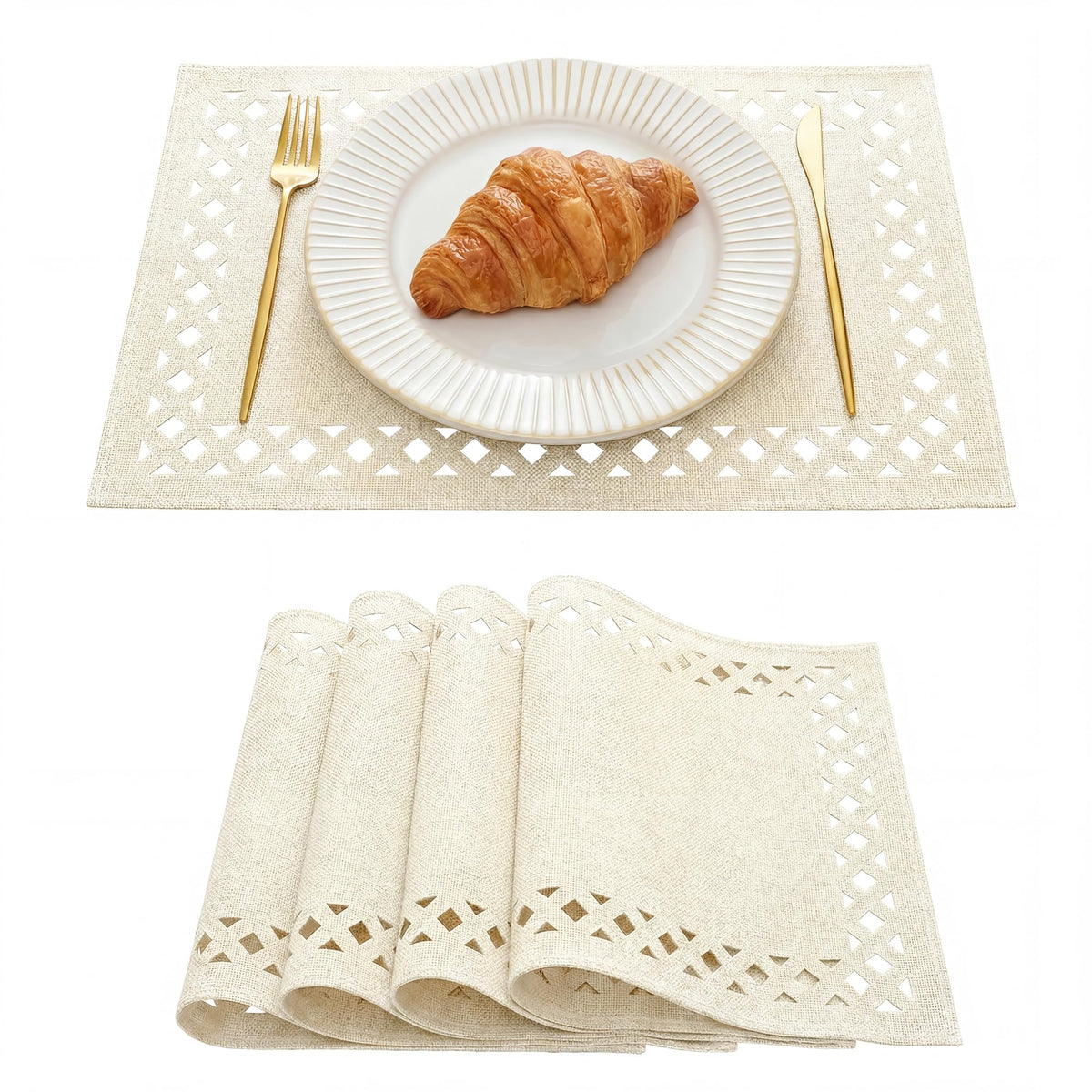 Artoid Mode Farmhouse Placemats Set of 4, Linen Textured Lattice Cutwork Place Mats for Kitchen Dining Table Decor and Outdoor Party, 12 x 18 Inchs, Sage Green
