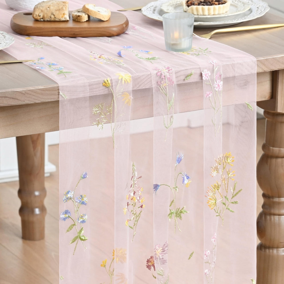 Artoid Mode Floral Apricot Gauze Embroidery Table Runner 120 Inch 10FT