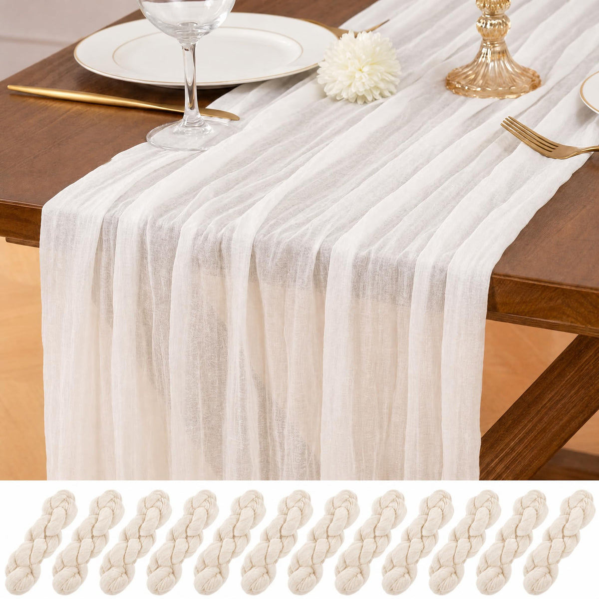12 Pack Ivory Table Runner 10Ft Cheesecloth Table Runner Rustic Gauze Table Runners Romantic Long Cream Sheer Fabric Cheese Cloth Table Runners for Wedding Party Bridal Baby Shower