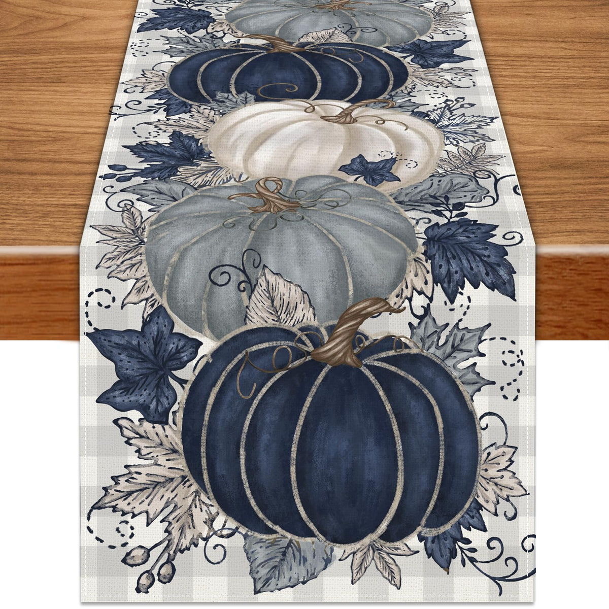 Fall Thanksgiving Table Runner Blue Vintage Pumpkin Maple Leaf Decorative