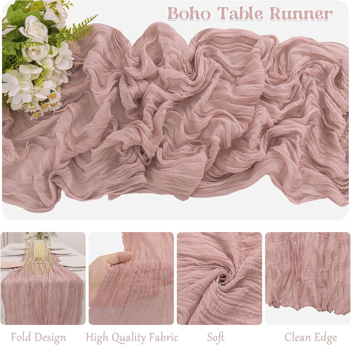 10 Pack Dusty Pink Cheesecloth Table Runner 10FT Boho Gauze Fabric Table Runner Vintage Rustic Sheer Runners for Wedding Party Bridal Baby Shower Long Table Decorations