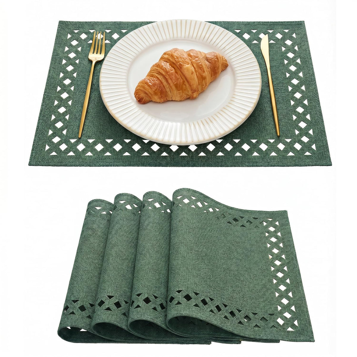 Artoid Mode Farmhouse Placemats Set of 4, Linen Textured Lattice Cutwork Place Mats for Kitchen Dining Table Decor and Outdoor Party, 12 x 18 Inchs, Sage Green