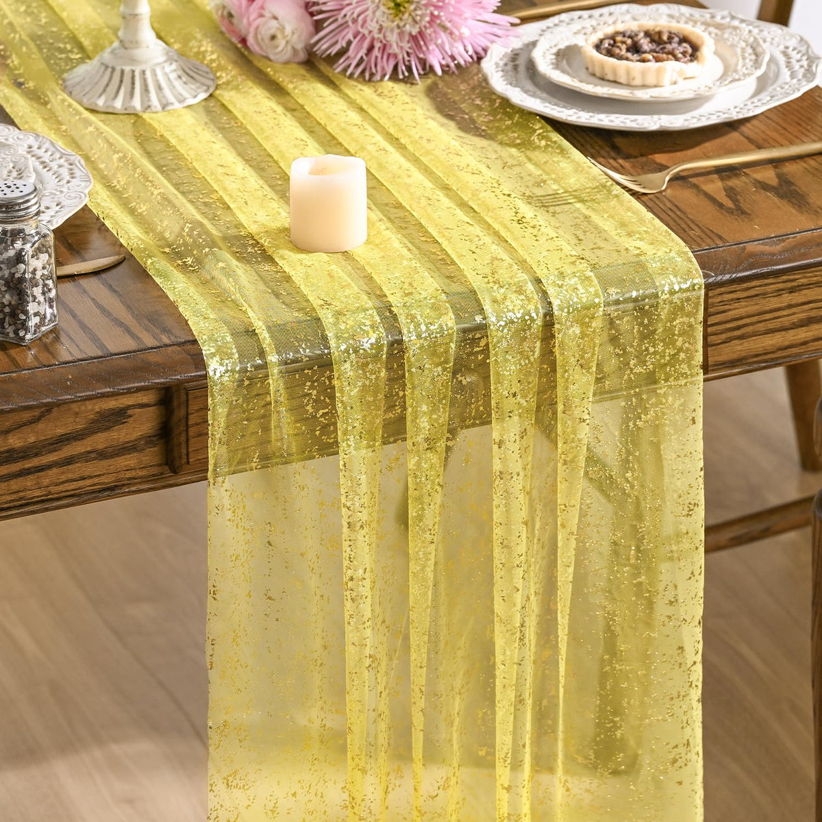 Artoid Mode 6Pcs Beige Gold Gauze Table Runner 120 Inch 10FT, Glitter Metallic Foil Sheer Dining Wedding Anniversary Holiday Birthday Table Decor for Home Party