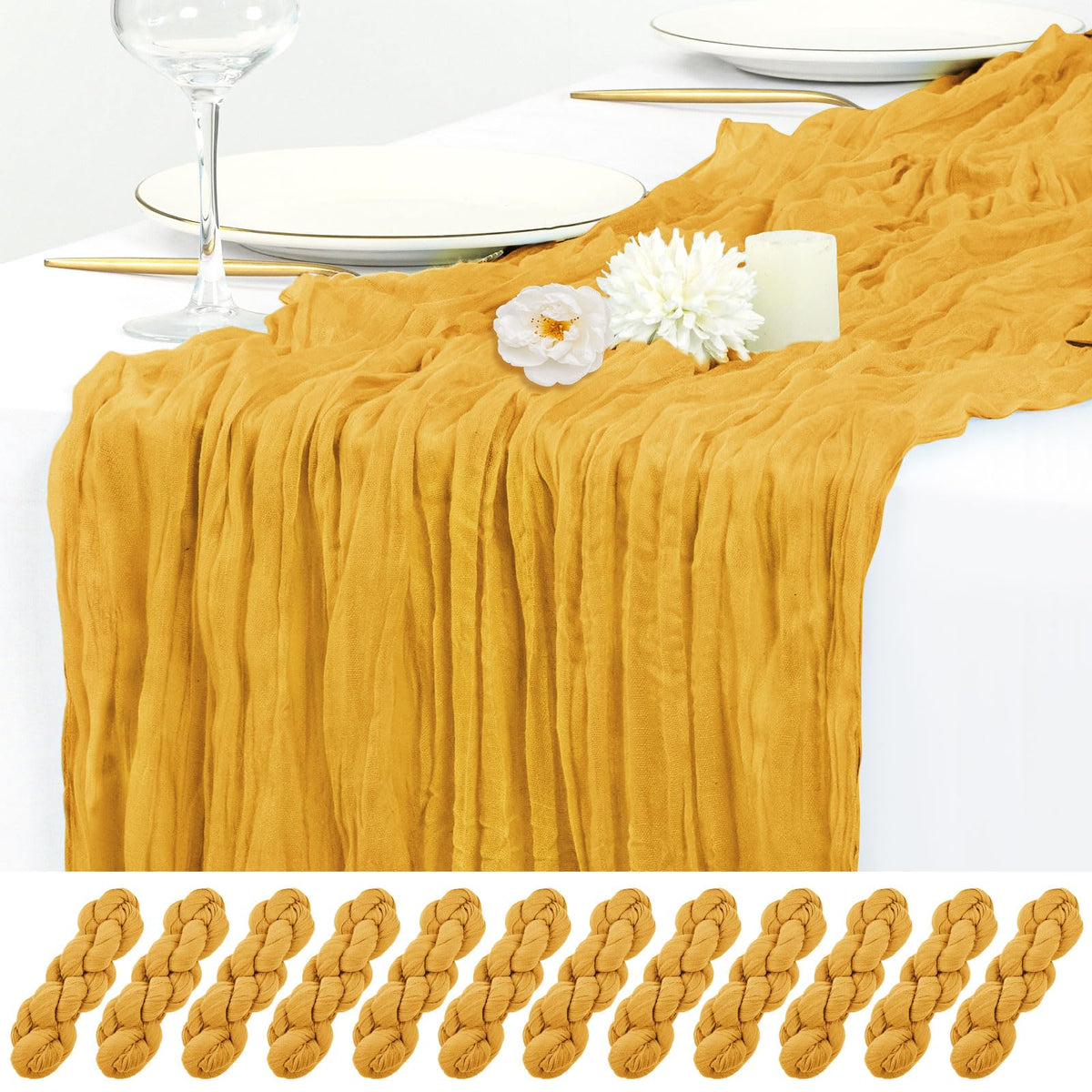 12 Pack Beige Cheesecloth Table Runner 17x108 Inch Boho Gauze Cheese Cloth Table Runners Rustic Sheer Runner for Wedding Party Baby Shower Birthday Home Decor