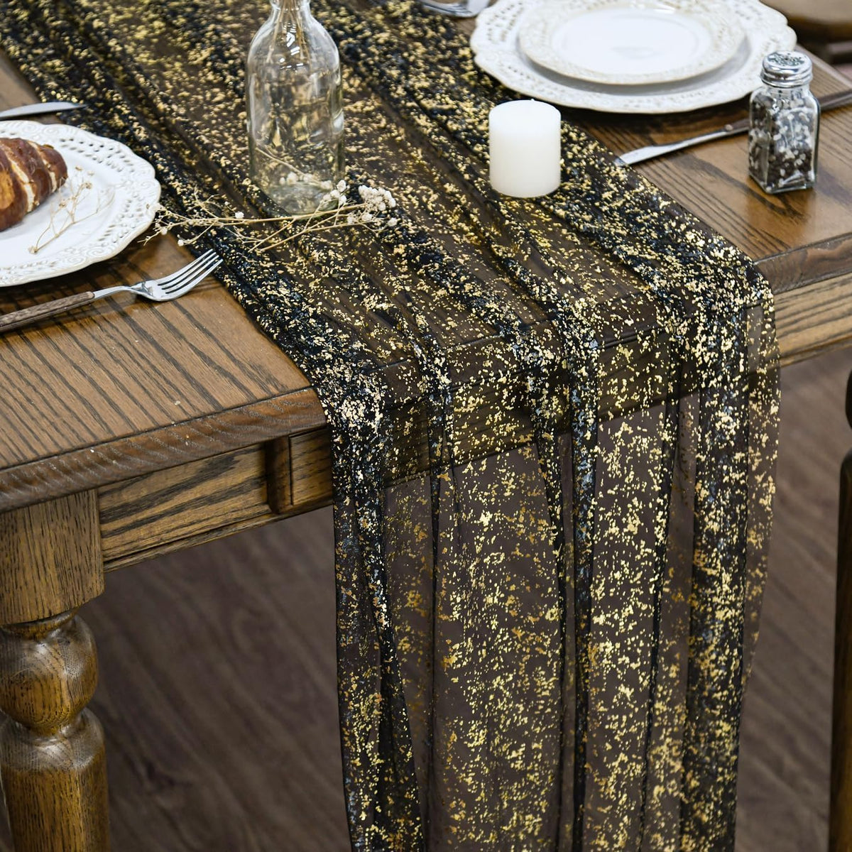 Artoid Mode 6Pcs Beige Gold Gauze Table Runner 120 Inch 10FT, Glitter Metallic Foil Sheer Dining Wedding Anniversary Holiday Birthday Table Decor for Home Party