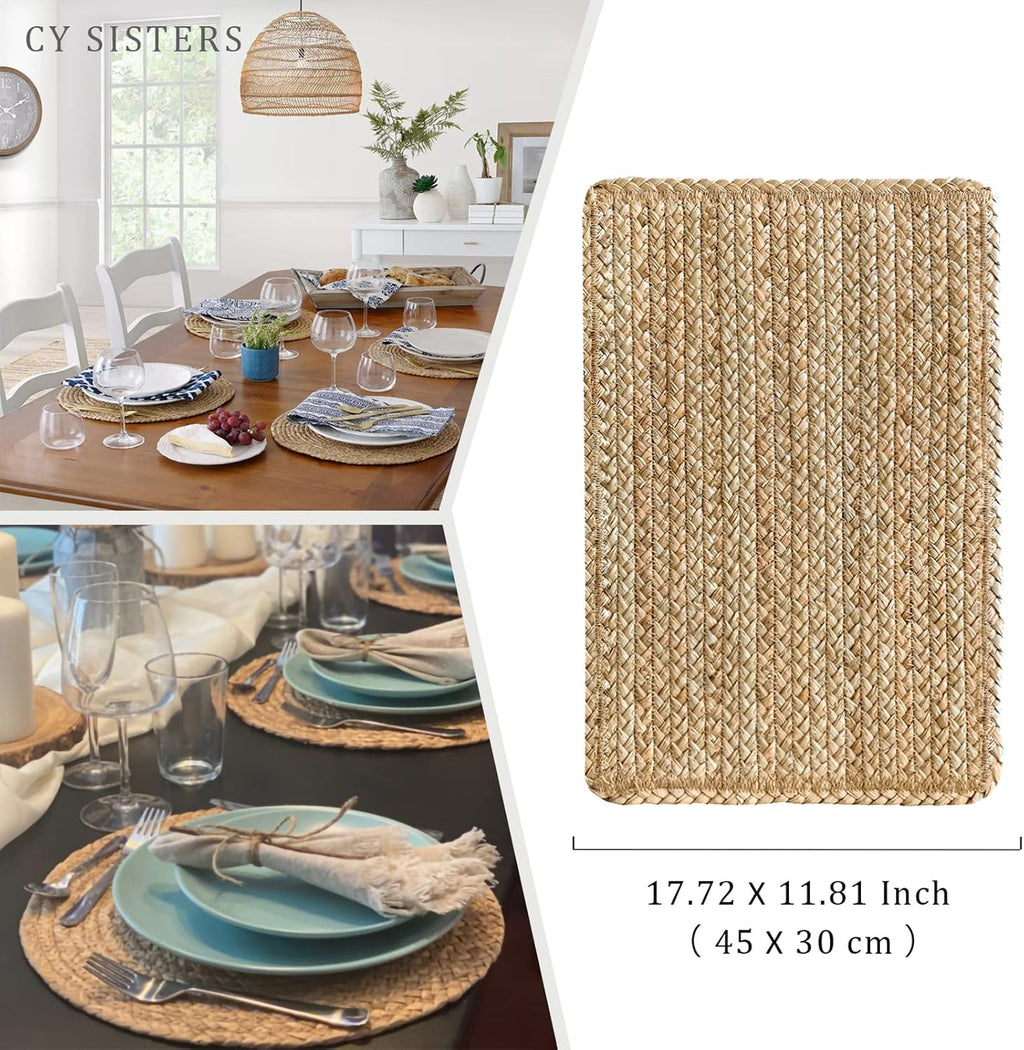 Woven Placemats Set of 6 Rattan Placemats Rectangle Natural Placemats Wicker Heavy Braided Straw Placemat Farmhouse Square Plates Place mats for Indoor/Outdoor Patio Table 17.7'' X 11.8''