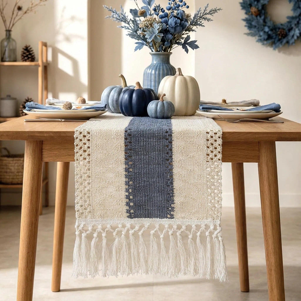 yuboo 36" Boho Macrame Table Runner, Short Cream Coffee Runner, Nightstand